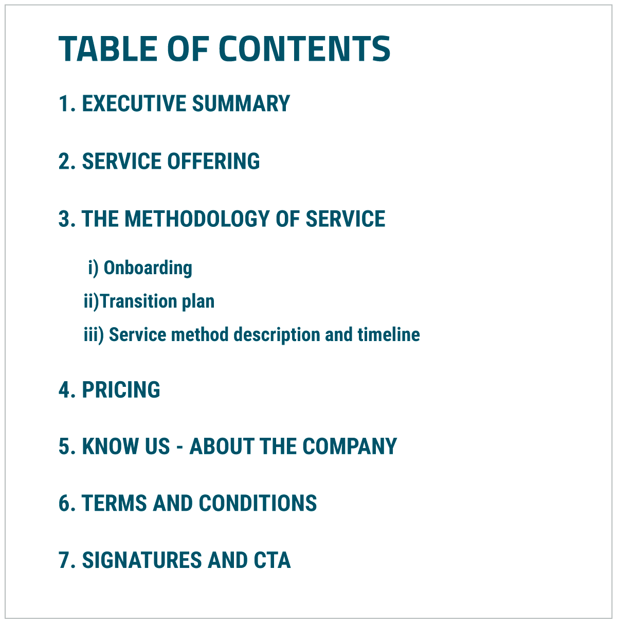 table of contents for a business proposal
