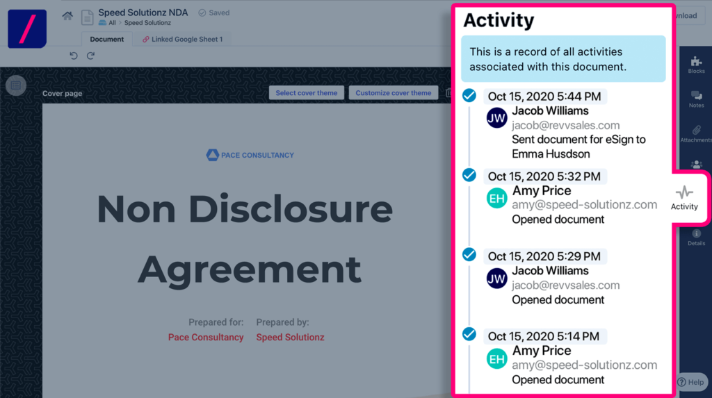 Revv's e-signature software provides 'Activity' feature to track the action taken by a person on the document, & helps to act in time