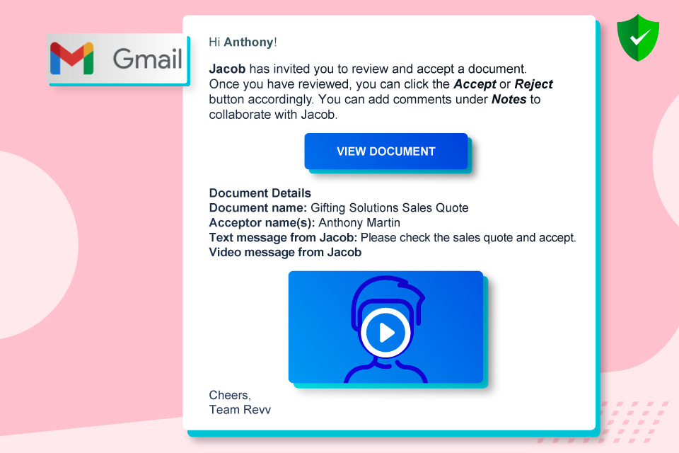 Revv shares document information to the recipients and notifies them through automated email alerts.