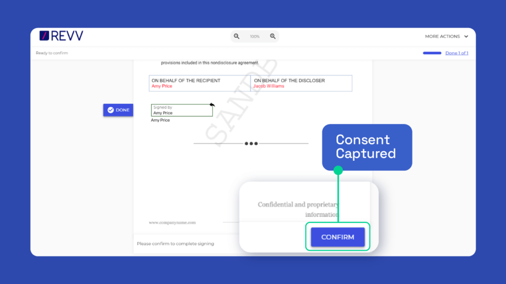 Revv meets the ‘consent’ requirement of US e-signature laws by asking the signer to ‘confirm’ to complete the signing process.