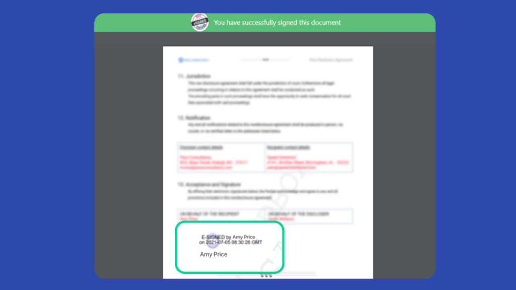 After a document is signed electronically, Revv permanently marks the signatures in the document along with the date and time stamp.