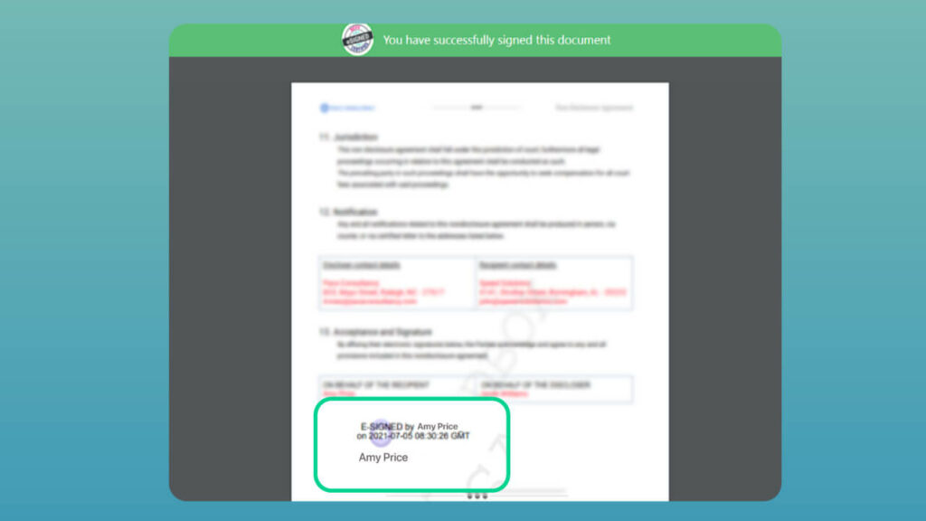 Once eSigned, Revv affixes the electronic signature on electronic documents along with the date and time stamps.