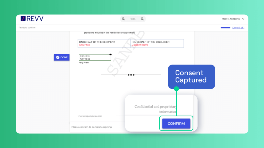 Revv captures the signer’s consent to proceed electronically to sign a document by clicking on the ‘Confirm’ button.