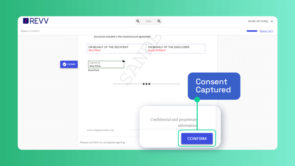 Revv captures the signer’s consent to proceed electronically to sign a document by clicking on the ‘Confirm’ button. 