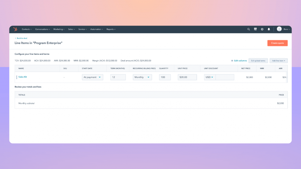 Quote table functionality of HubSpot CPQ (inside HubSpot CRM)