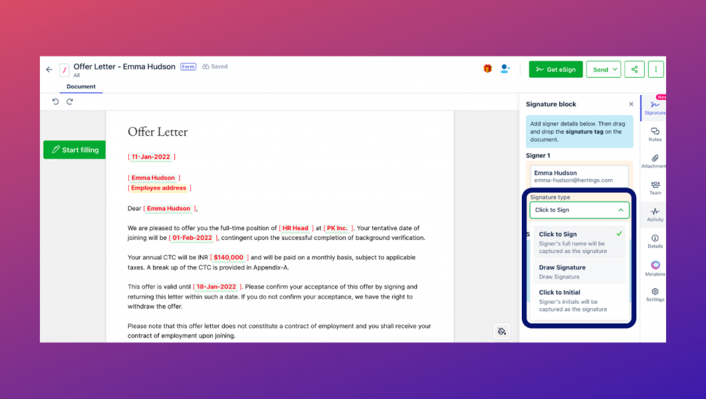 Revv’s three options to sign documents makes document signing easy- click to sign, click to initial & draw your own signature