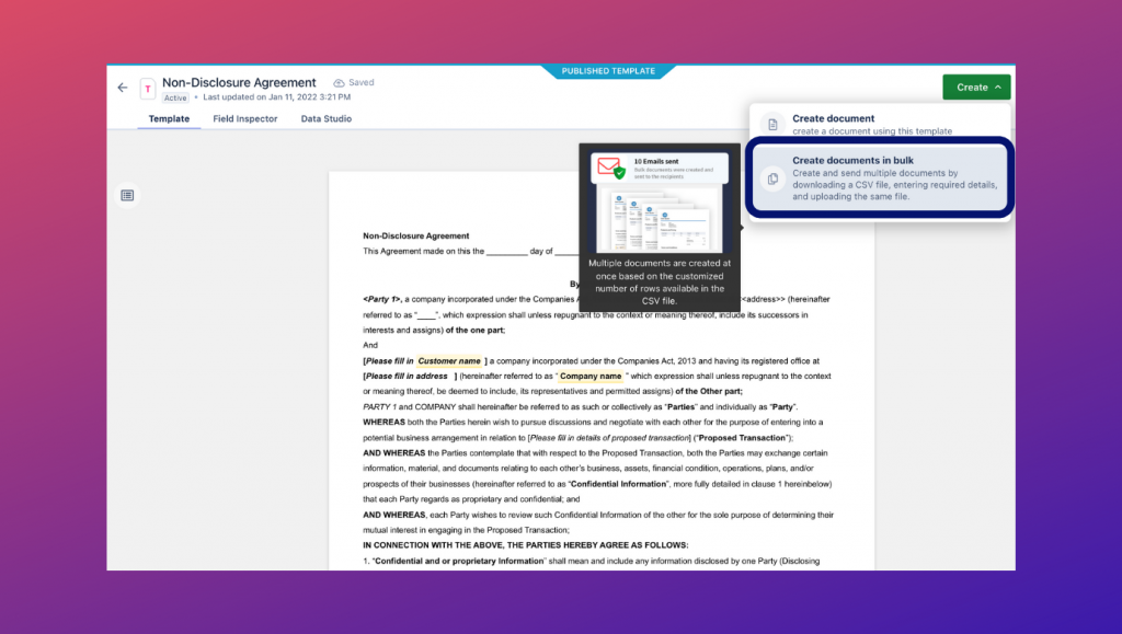 Send your documents to multiple parties or customers at once using 'Bulk' option provided by Revv's e-signature services
