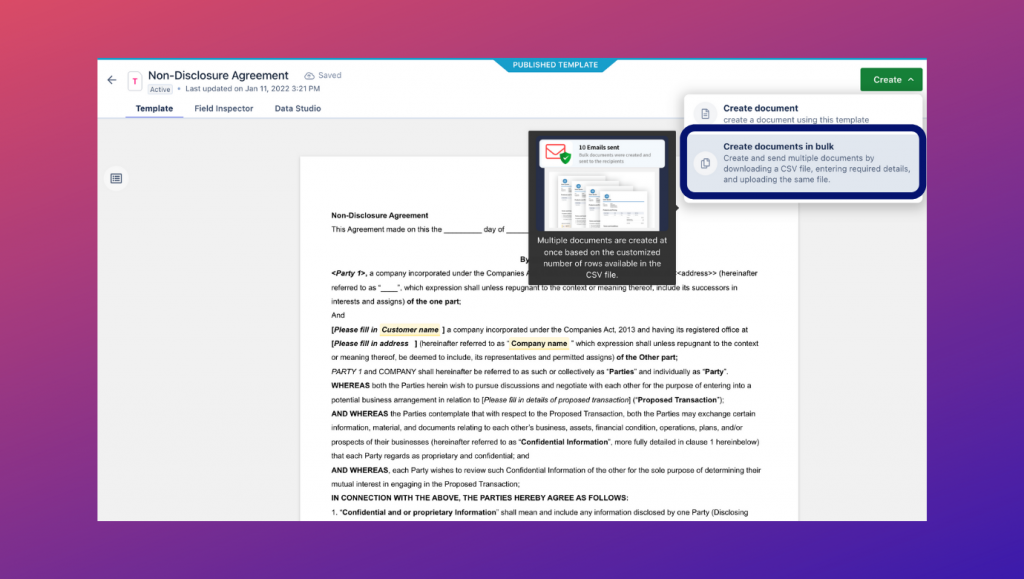 Send your documents to multiple parties or customers at once using 'Bulk' option provided by Revv's e-signature services 