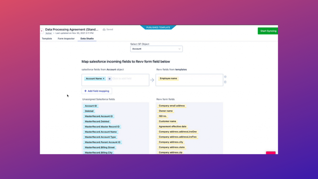 Choose Data Studio feature to map complex data from Salesforce and HubSpot CRMs and start to sign document