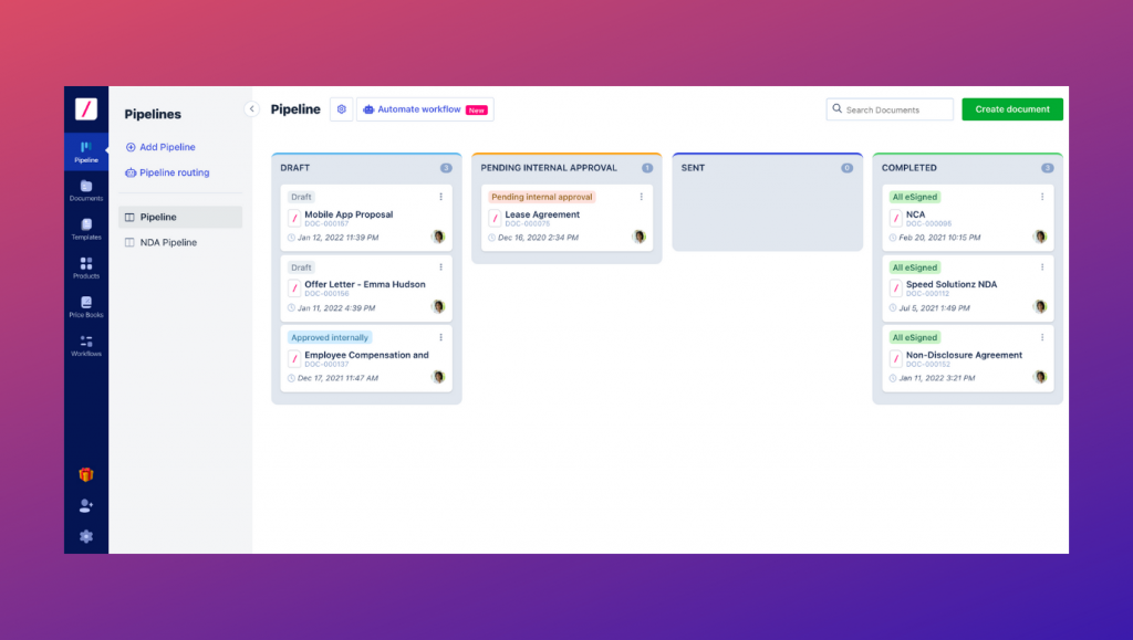Revv's 'Pipeline' features let us view a document's progress through different stages - creation, approvals, signatures, etc.
