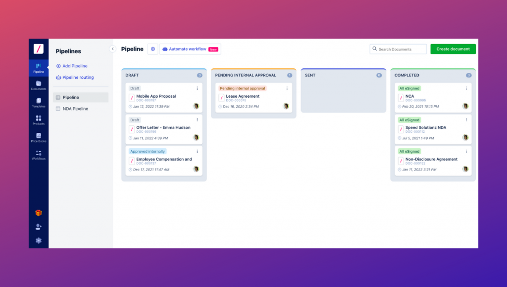 Revv's 'Pipeline' features let us view a document's progress through different stages - creation, approvals, signatures, etc.
