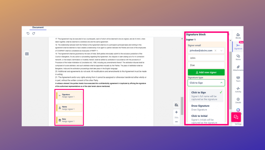 Add signature, name and date using signature tag
