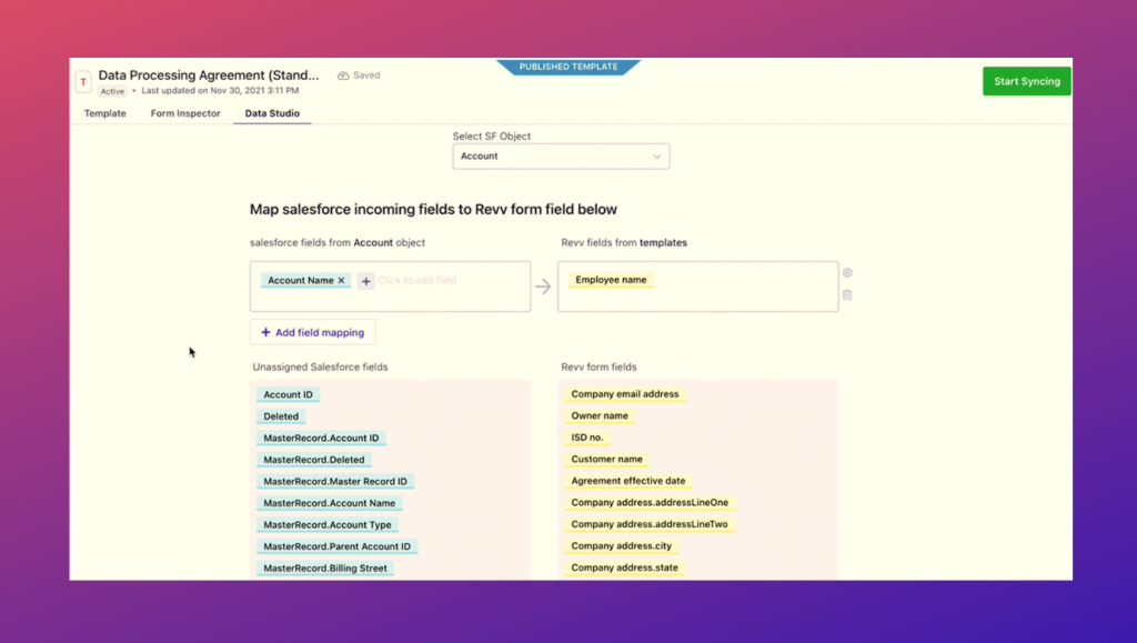 Choose Data Studio feature to map complex data from Salesforce and HubSpot CRMs and start e signature process