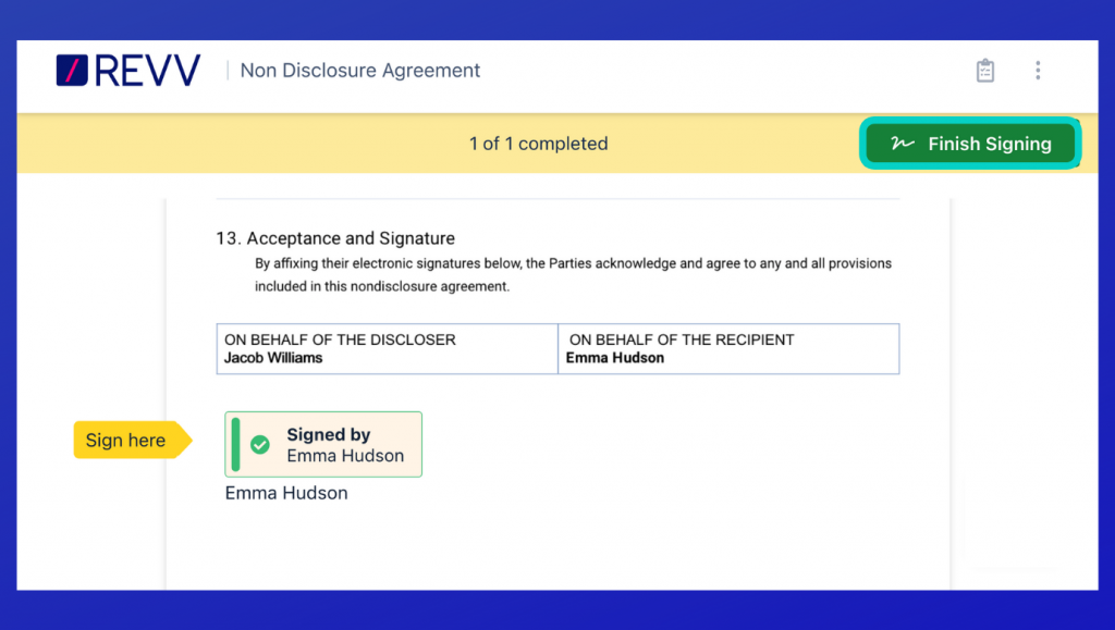 Revv meets the ‘consent’ requirement of US e-signature laws by asking the signer to ‘confirm’ to complete the signing process.