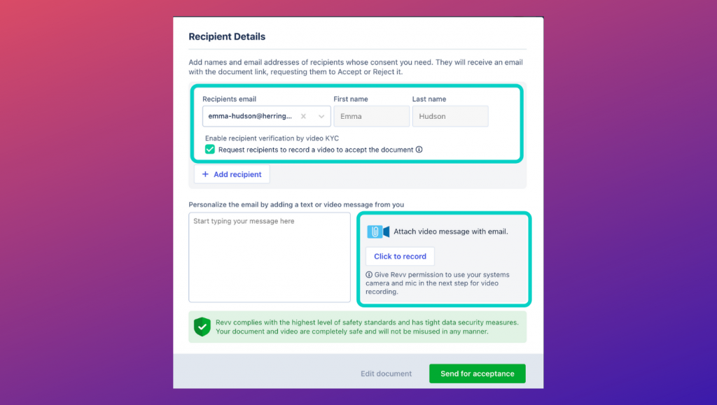 Set video authentication for documents that are sent for acceptance