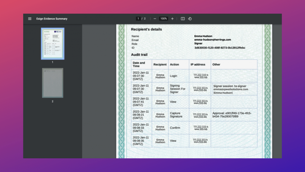 Electronic signature solution like Revv provides extensive Evidence Summary after document signing