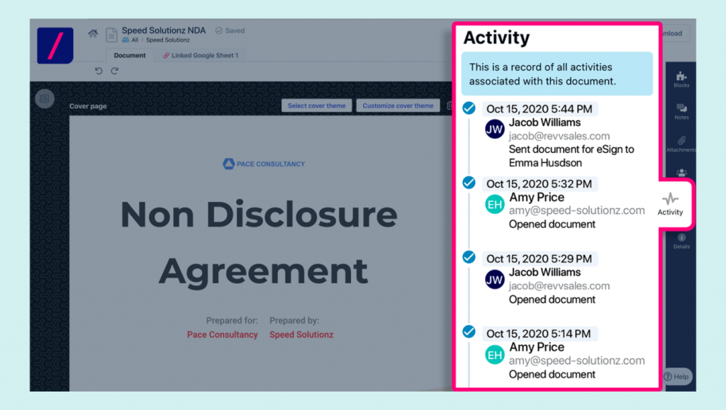 Activity tab in Revv app enables tracking of documents and contracts