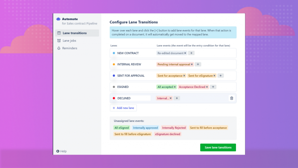 you can configure the document actions, called events, for each lane