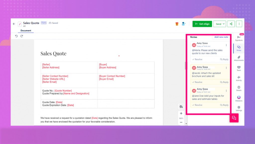 Revv's notes feature enables internal teams to collaborate and contribute their reviews and inputs