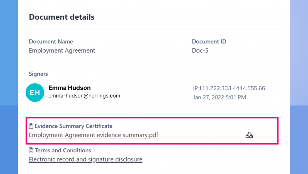 Evidence summary in Revv as your solution provides an audit trail for all documents and eSignatures