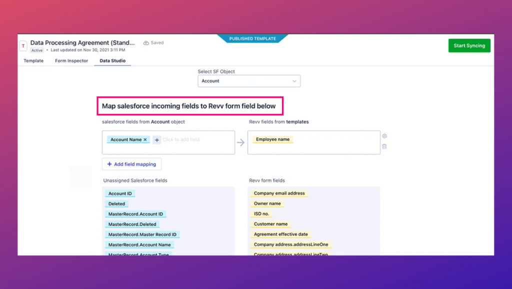 Data can be easily mapped in all employee onboarding documents for a new hire or for a group of new employees with Revv's Data Studio feature