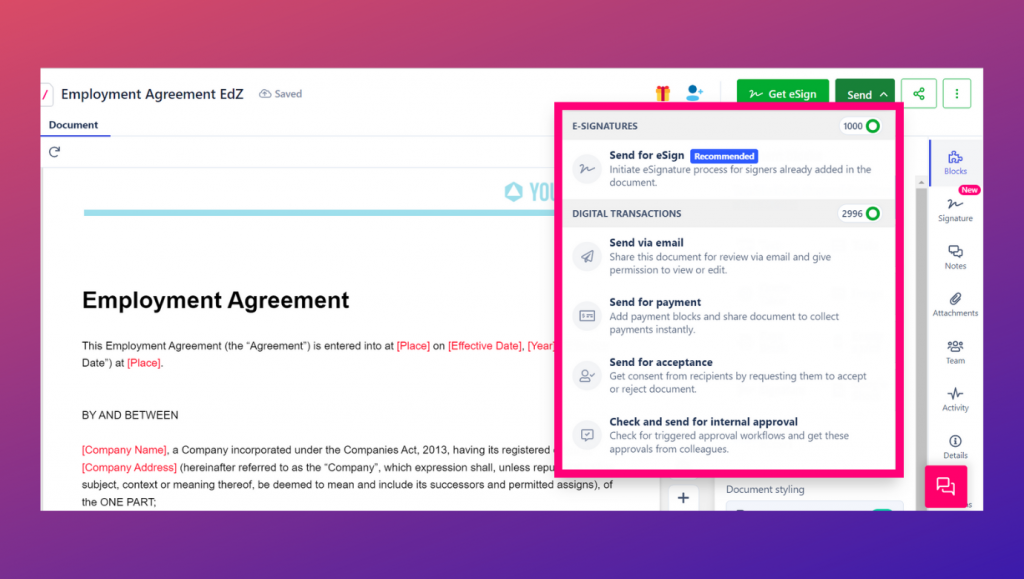 Send offer letters, and various onboarding documents for approval from management with Revv’s Check and send for internal approval feature