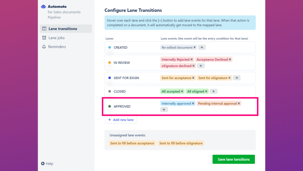 The contract manager can use Lane transitions in Revv to achieve document movement in a pipeline