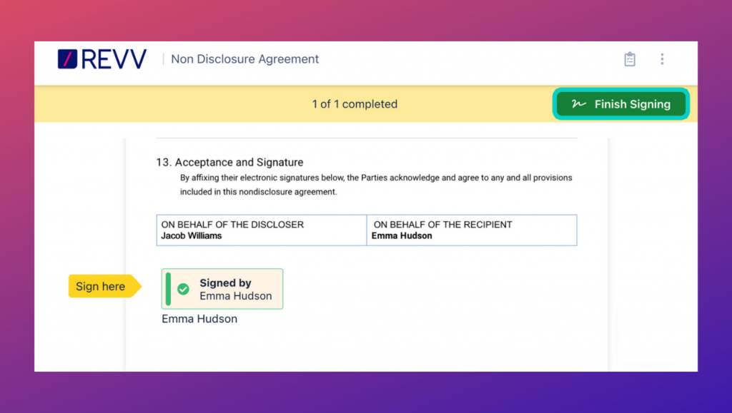 With Revv's eSignatures employee onboarding can be closed faster. New hires and new employees can sign off every document provided in the onboarding checklist