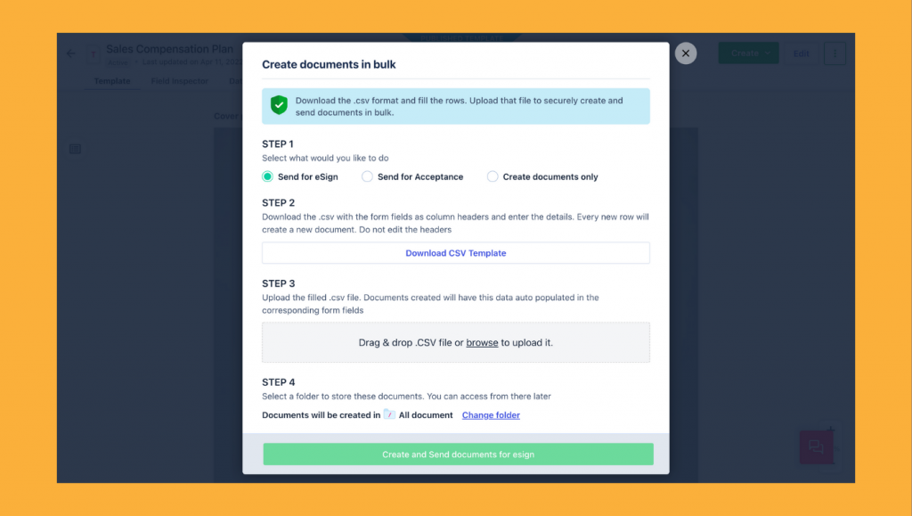 You can send the sales compensation plan agreements in bulk for eSigning using the 'Bulk Send' feature in Revv.