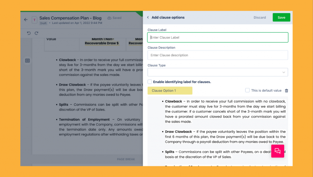 Revv provides you create clause options in a document