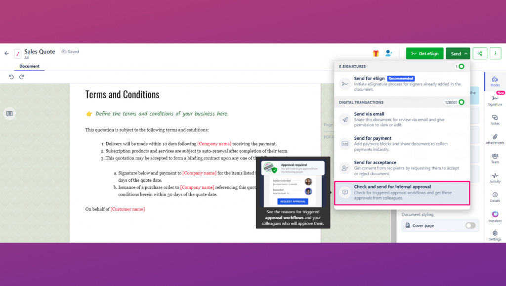 The contract manager can use approvals in Revv to send a commercial contract to employers & check for any law-related risk