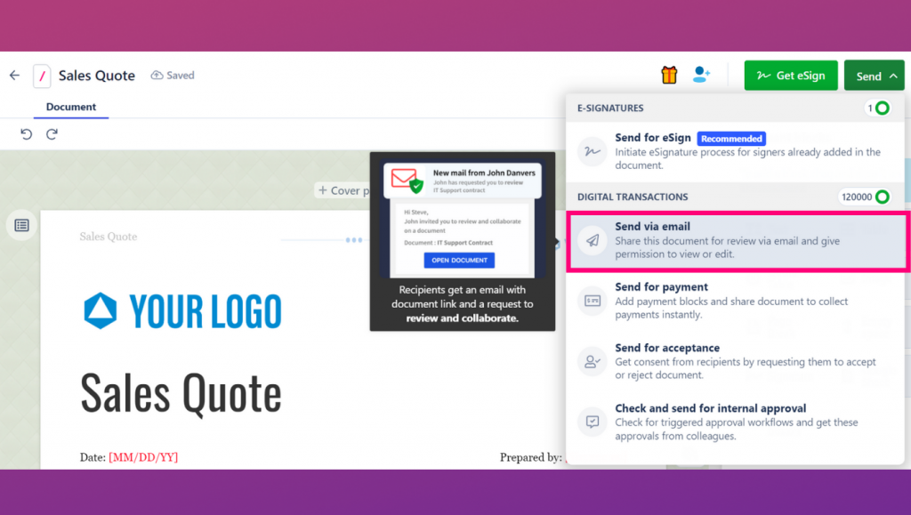 The contract manager can send an agreement via email to companies or review and showcase your ability & knowledge