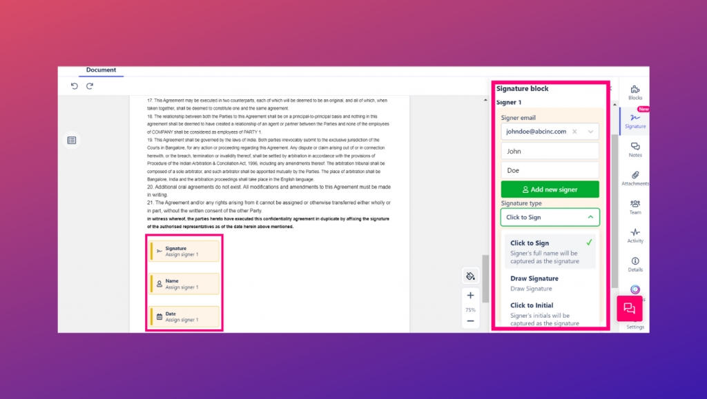 Signature of new employees can be easily captured as Revv offers three eSign options