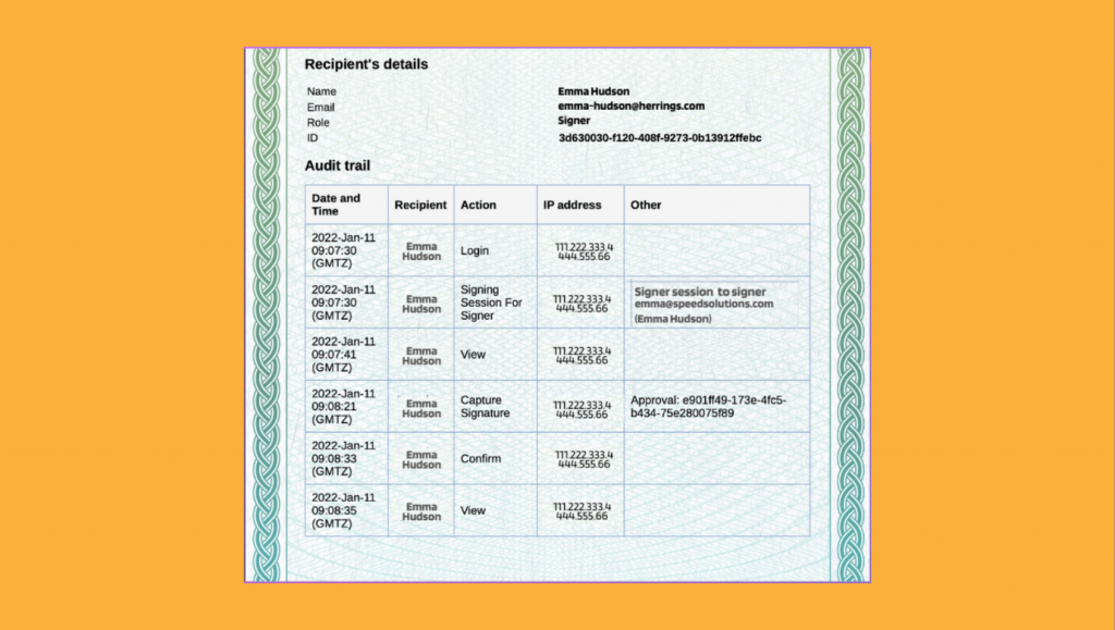 Revv's evidence summary acts as legal proof of eSigning ceremony of sales compensation plan.