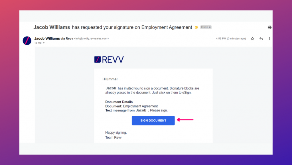 Revv's auto-generated emails notify team members and new hires about the action to be taken by them