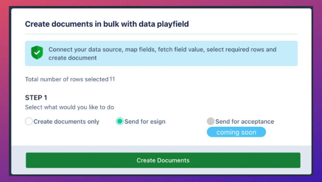 Choose to create single or bulk documents from Data Studio and send for eSign