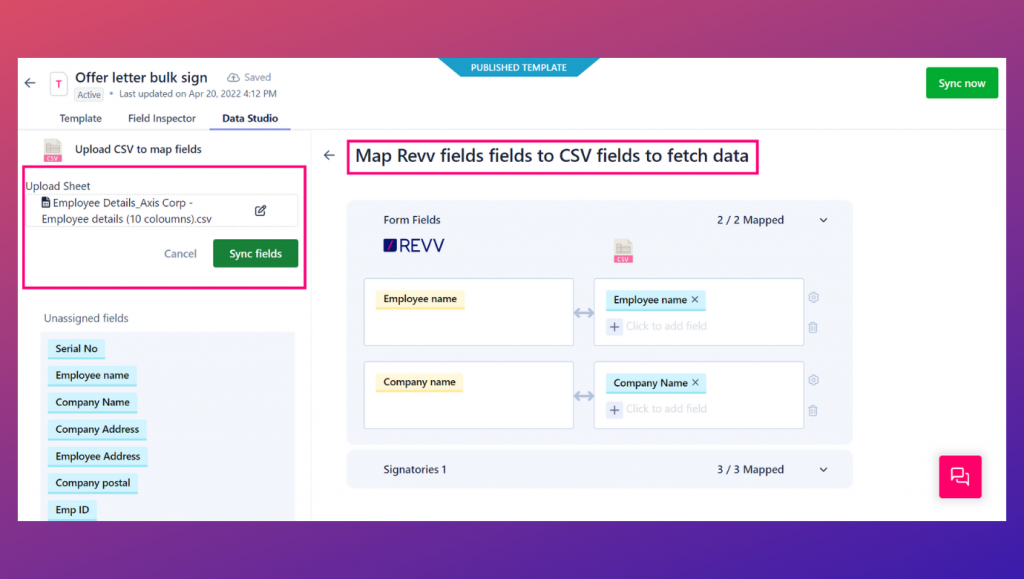 Map the external data source to sync the fields