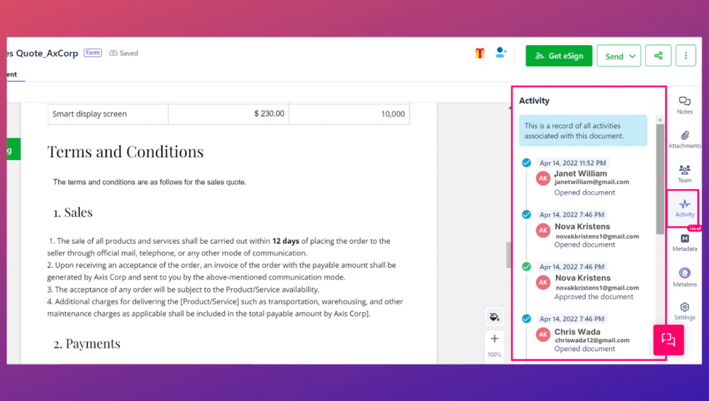 Using Revv+ google sheets integration documents are seamlessly created. Any activity on your document sheets or sheet can be tracked from the Activity tracker