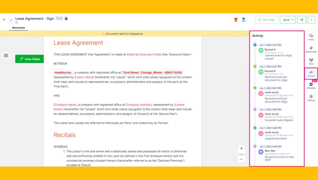 With the Activity feature, you can track your partners' actions on the business documents during the onboarding program